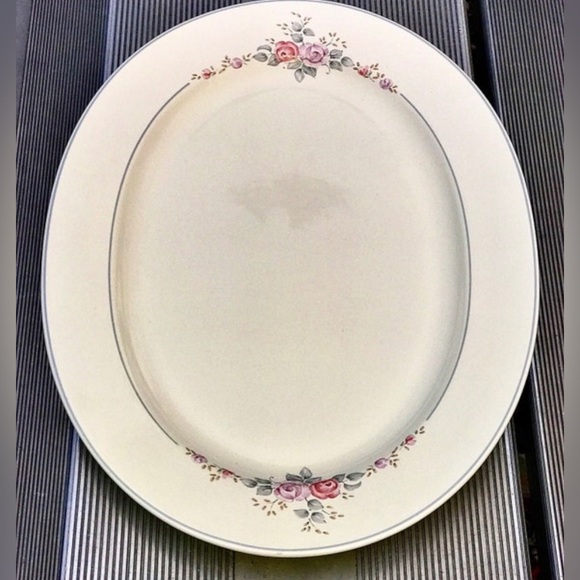 Vintage PFALTZGRAFF Ivory White Blue Striped Edge Floral Oval Serving Plate - Picture 6 of 10